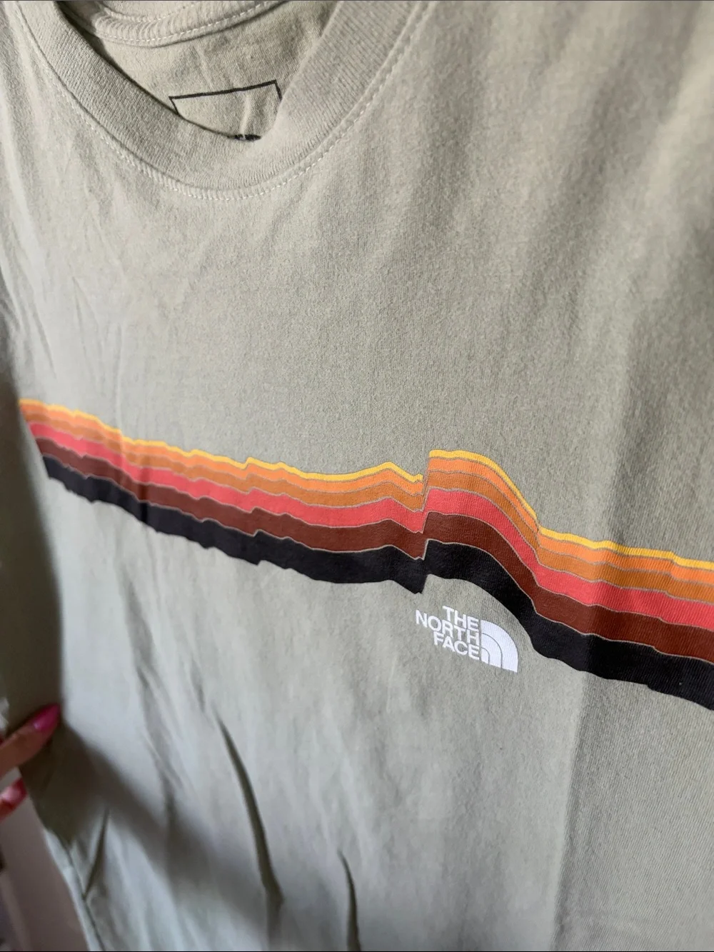 The North Face Sage Green Short-Sleeve Tee with Sunset Stripe